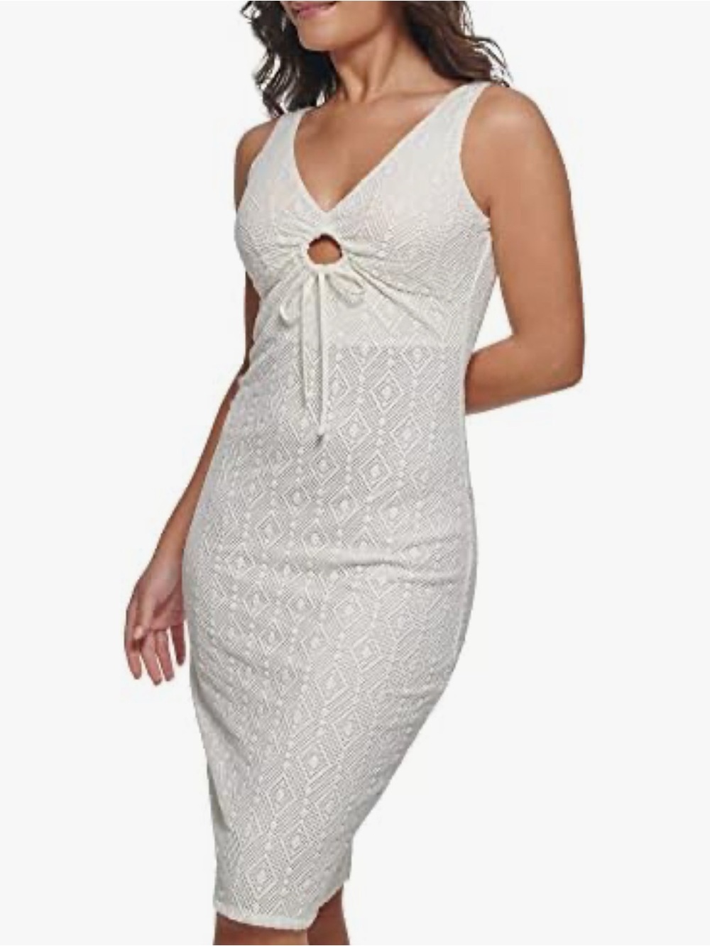 Guess White Textured V-Neck Midi Dress with Front Tie